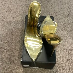 Fashion Nova Metallic Gold and Clear Heels
